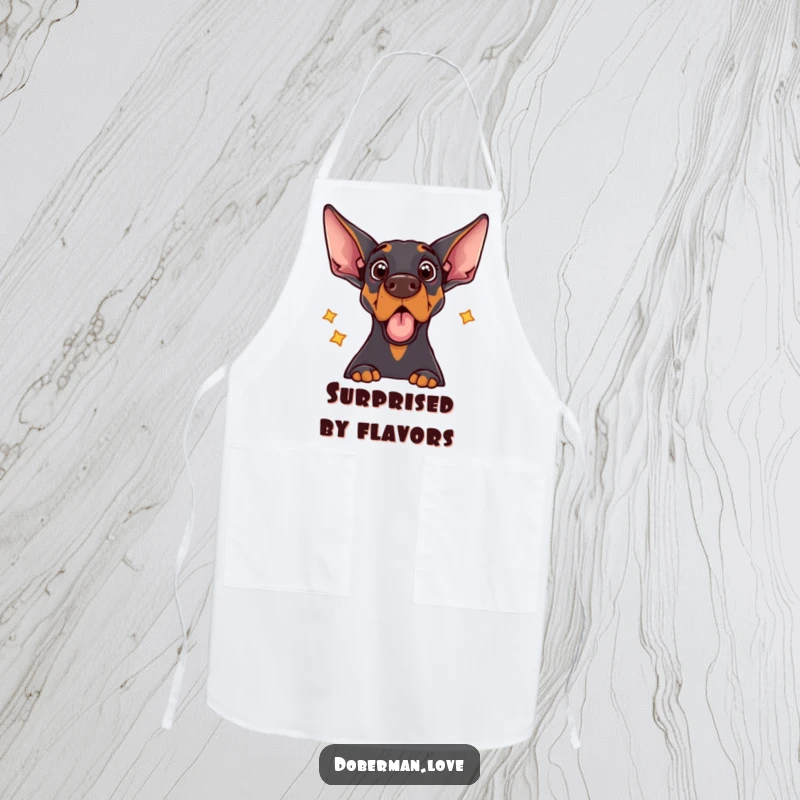 Funny apron depicting a Doberman dog with a comically surprised expression, startled by its own echo.
