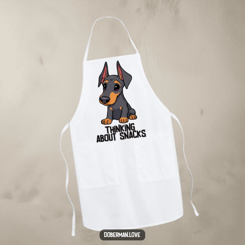 Funny Doberman Apron: Sleek dog with alert ears, looking thoughtfully curious, humorous and practical kitchen wear for dog lovers.