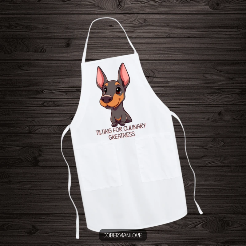Funny Doberman apron depicting a proud dog with an attentive head tilt, perfect for any kitchen task.