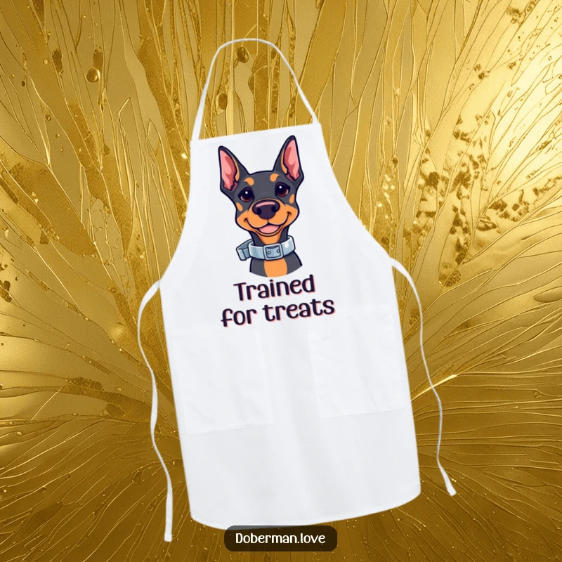 Funny Kawaii Doberman Apron showcasing a cute doberman balancing a shiny collar. Practical kitchen wear with a humorous and stylish dog theme.