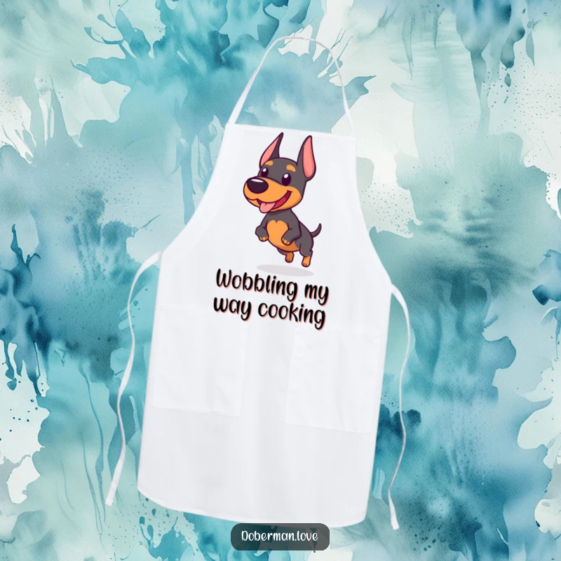 Funny apron depicting a chubby Doberman dog with a comical wobbly trot, ideal for a fun-loving home cook.