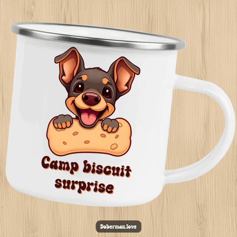 Funny Doberman Puppy Camping Mug featuring a cute puppy peeking from a giant dog biscuit. Durable enamel mug for outdoor enthusiasts and dog fans.