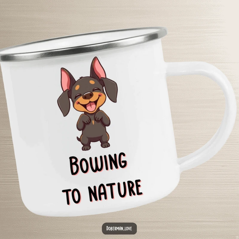 Funny Doberman camping mug with a joyful dog, eyes closed, performing a playful bow, ready for outdoor fun.