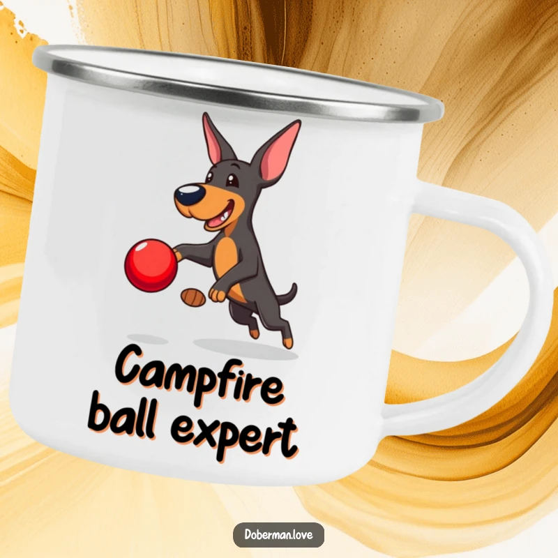 Funny Doberman Camping Mug: Playful Doberman leaping to catch a red ball, durable and humorous mug for outdoor enthusiasts.