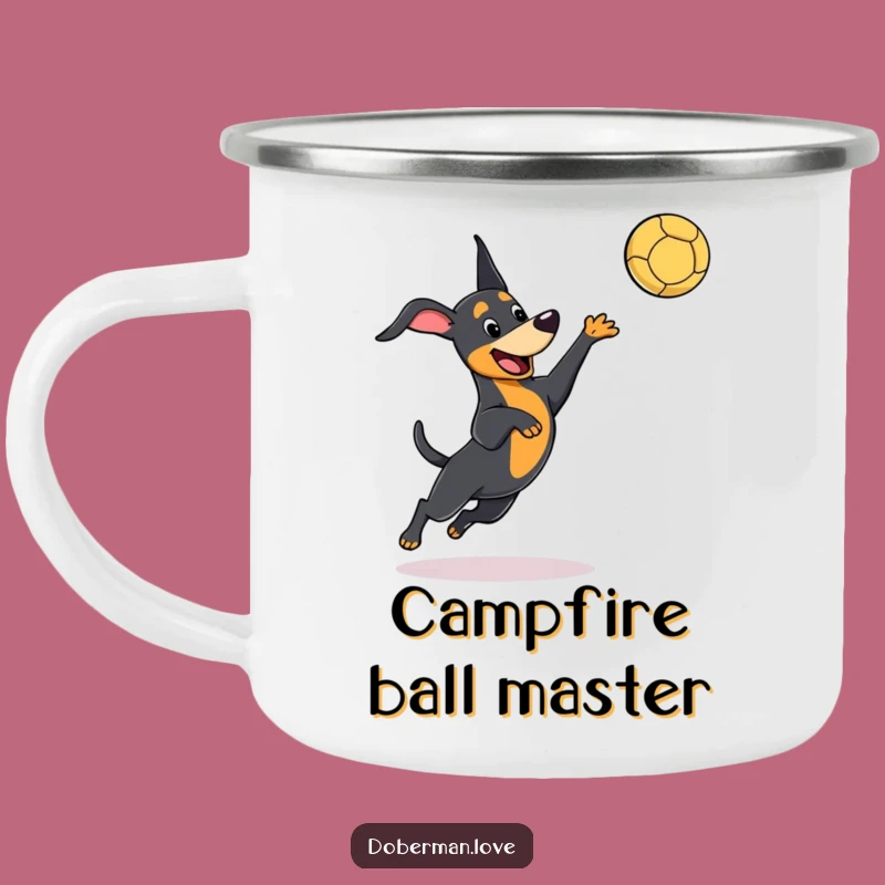 Funny Kawaii Doberman Camping Mug, Playful Leaping Dog, Catching Ball - Outdoor Fun