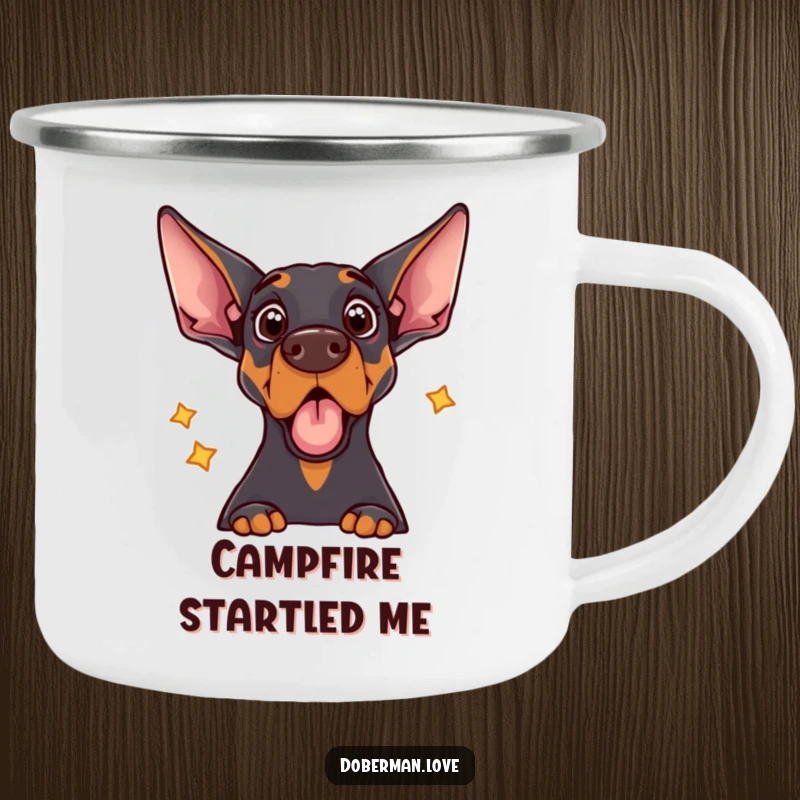 Funny camping mug featuring a Doberman dog with a comically surprised expression upon hearing its own echo.