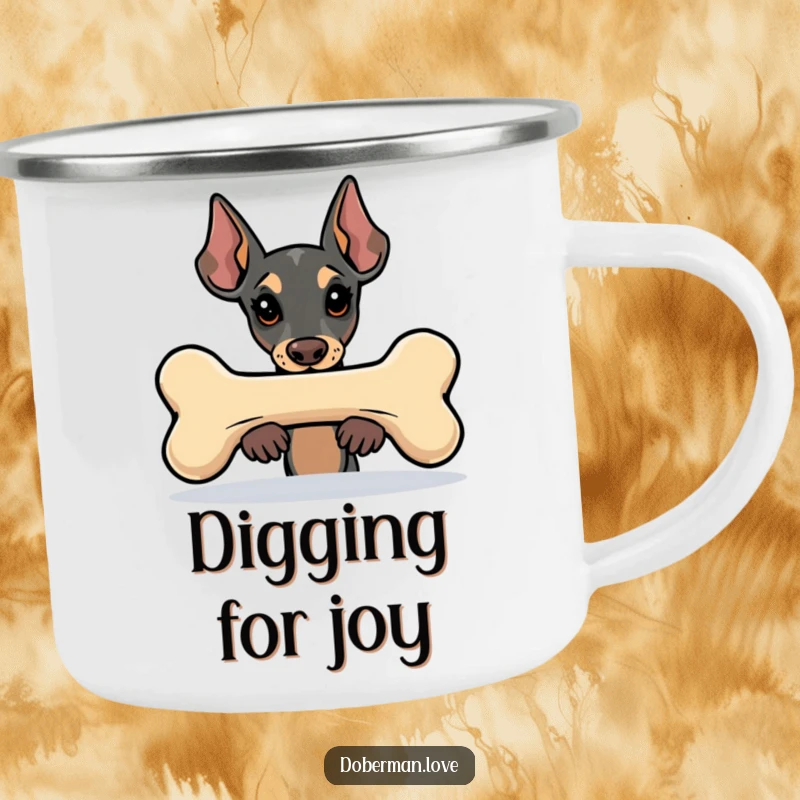 Funny Kawaii Doberman camping mug showing a dog peeking from behind a large bone, durable and perfect for outdoor fun.