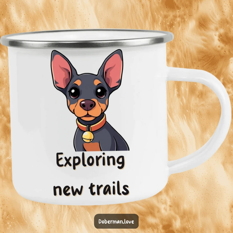Funny Kawaii Doberman Camping Mug featuring a curious dog with a tiny bell collar, for outdoor humor.