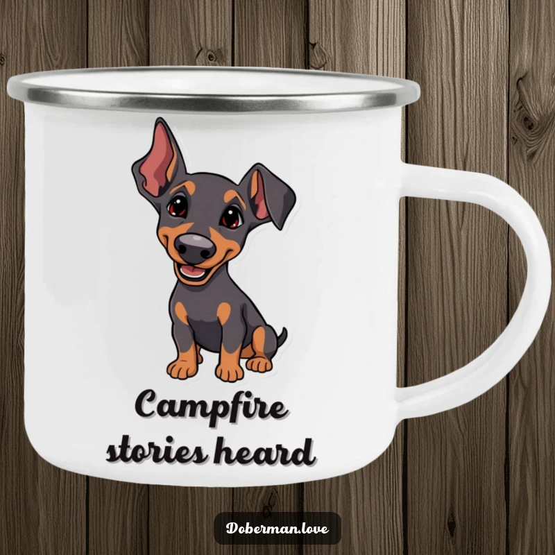 Funny Camping Mug featuring a Doberman with perked ears, listening intently with a happy tilt, perfect for outdoor drinks and focused moments.
