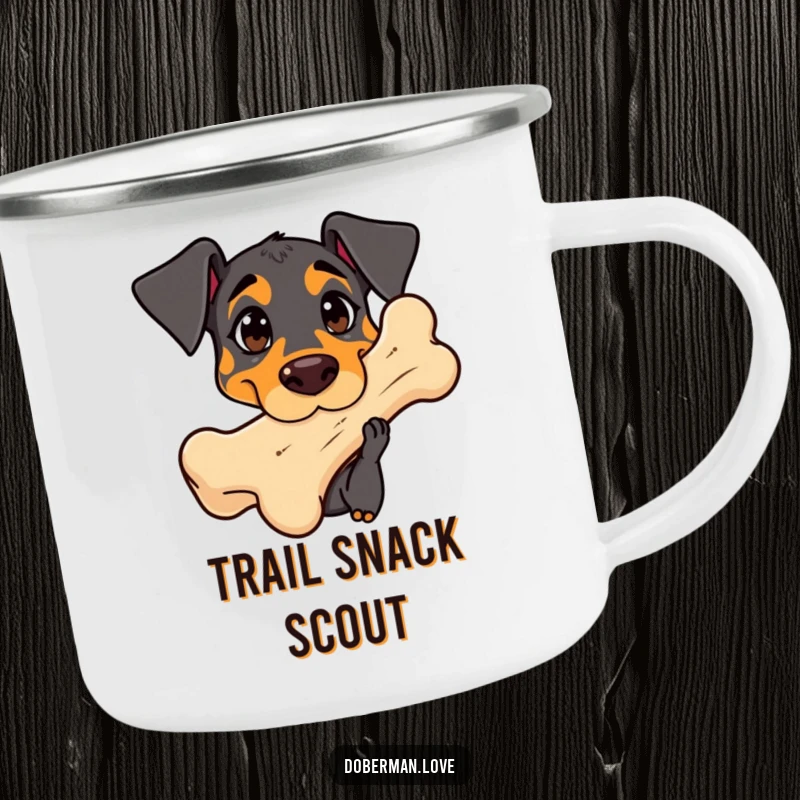Funny Doberman Camping Mug: Adorable kawaii dog with curious eyes sniffing a giant bone, ready for discovery.