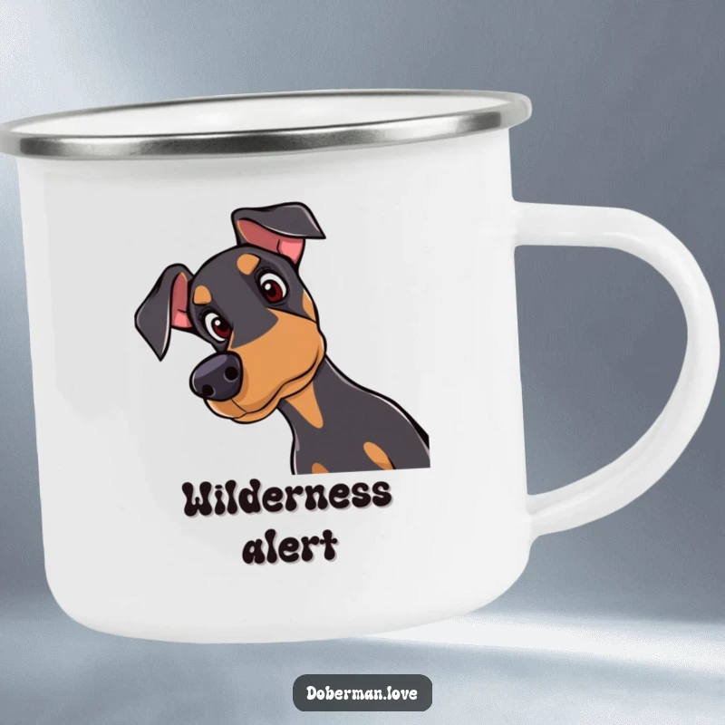 Funny Doberman camping mug featuring a curious dog tilting its head with attentive eyes, perfect for enjoying drinks outdoors.