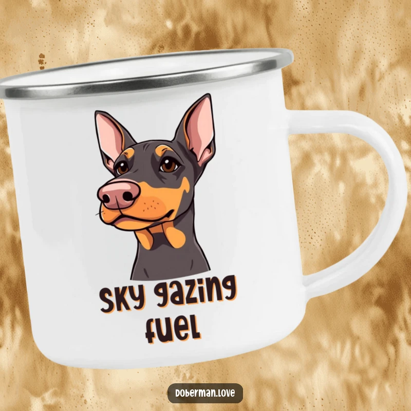 Funny Doberman Camping Mug: Doberman with sharp but kind eyes looking upwards, durable and humorous mug for outdoor enthusiasts.