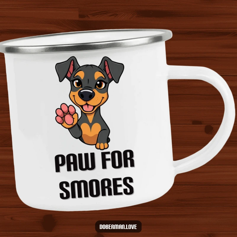 Funny camping mug featuring a Doberman dog with a mischievous glint, offering its paw for a pact.