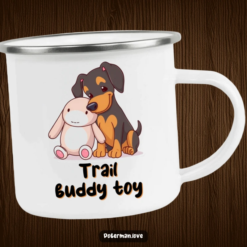 Funny Doberman nudging a toy on a rugged enamel camping mug, ideal for outdoor adventures and dog moms.
