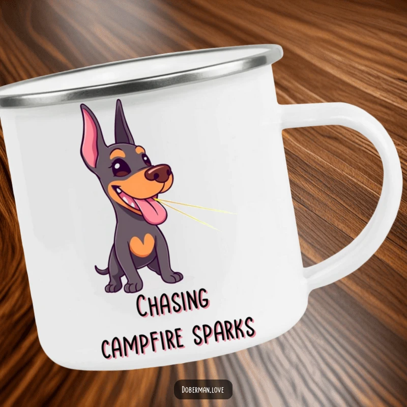 Funny Doberman camping mug with a delighted dog tongue out, chasing a laser pointer dot, ready for outdoor fun.