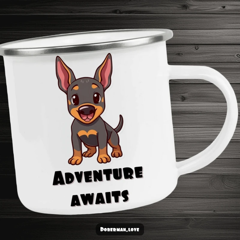 Funny camping mug featuring a Doberman dog in a playful stance, ears perked and tail wagging. Durable and humorous drinkware.