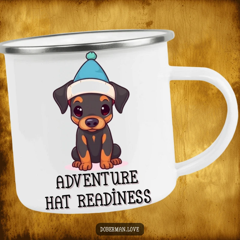 Funny camping mug featuring a Doberman puppy comically adorned with a tiny hat, ready for outdoor enjoyment.
