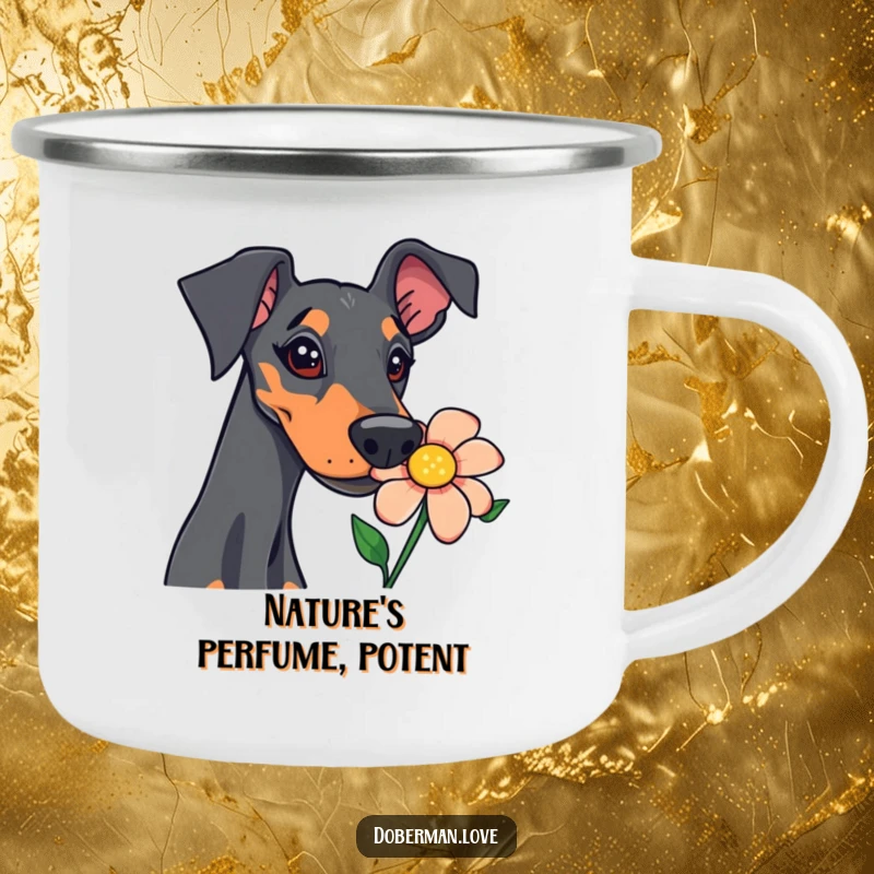 Funny doberman camping mug showing a curious dog sniffing a colorful flower, perfect for outdoor humor.