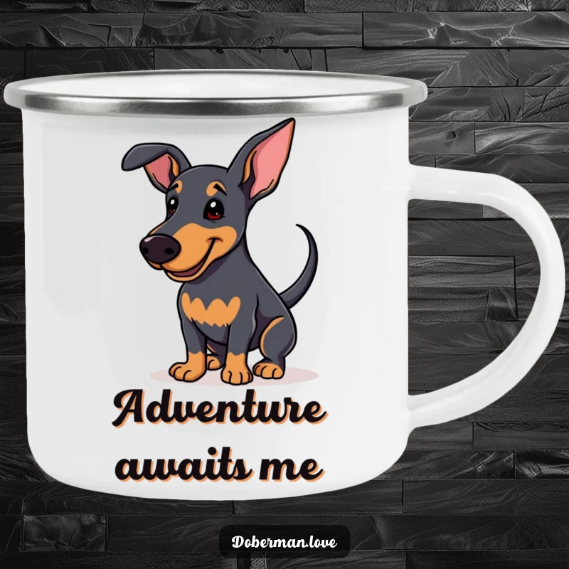 Funny Camping Mug featuring an enthusiastic Doberman wagging its tail with a smile, perfect for outdoor drinks and happy vibes.