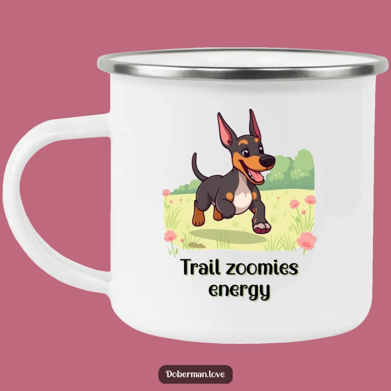 Funny Giggling Doberman Field Run Camping Mug: Joyful Sips Outdoors Gift