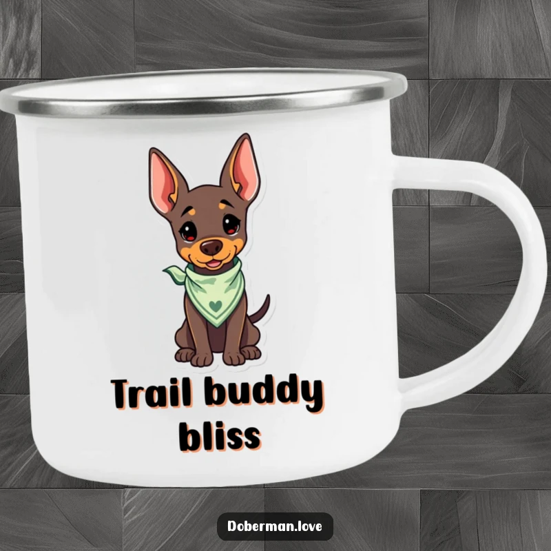 Funny Kawaii Doberman Camping Mug with a bandana and wagging tail, for outdoor happy humor.
