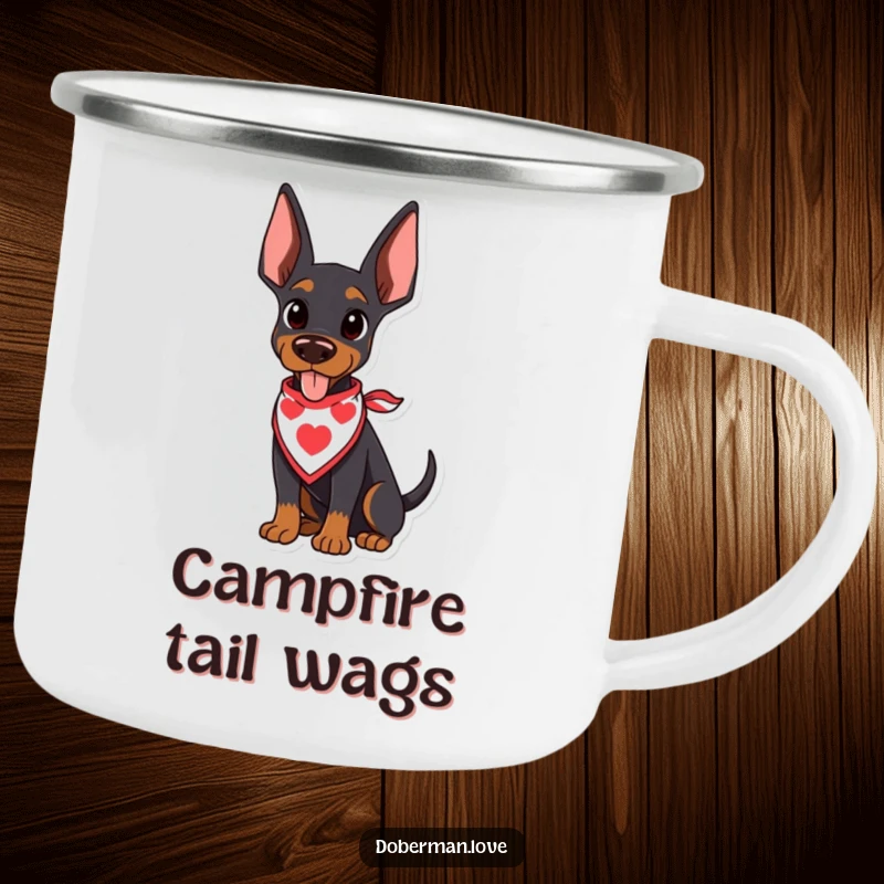 Funny Doberman Camping Mug featuring a kawaii doberman puppy in a bandana, its tail wagging happily, ready for outdoor joy.