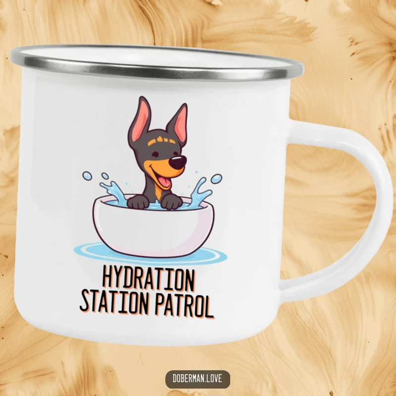 Funny Doberman Camping Mug: Adorable kawaii dog splashing water, ready for any outdoor adventure.
