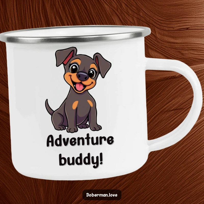 Funny kawaii Doberman camping mug with wide, excited eyes and a vigorously wagging tail, perfect for enjoying drinks outdoors.
