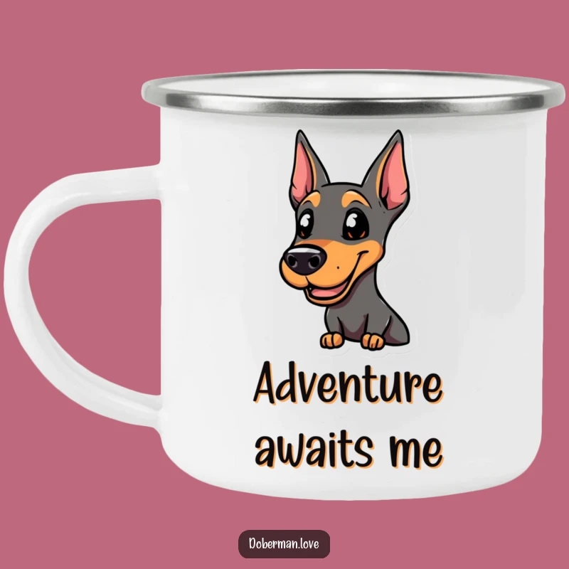 Funny Smiling Doberman Camping Mug, Alert & Ready, Action Dog - Adventure Ready