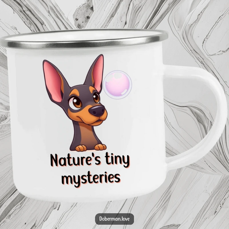 Funny Doberman Camping Mug: Surprised innocent dog watching a bubble, a humorous and durable outdoor mug.