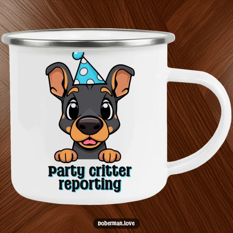 Funny Doberman Camping Mug: Adorable kawaii dog in a party hat, looking hilariously surprised, ready for adventure.