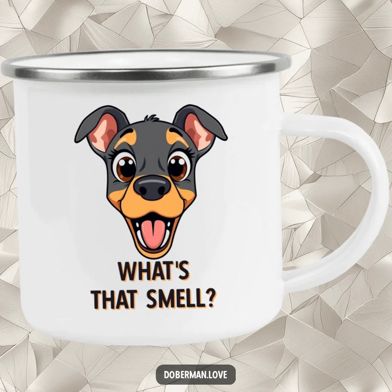 Funny doberman camping mug depicting a dog with wide eyes and an open mouth in a state of comical, unexpected surprise.