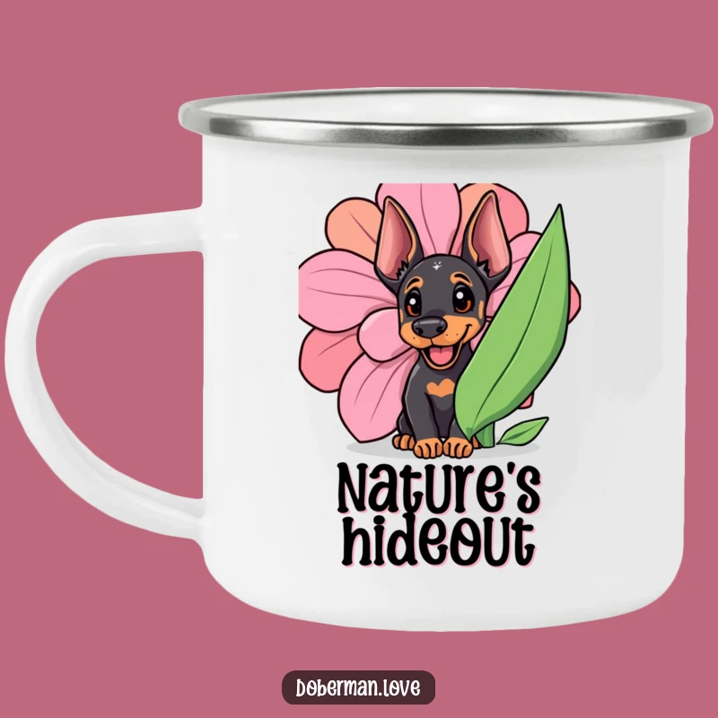 Funny Doberman Cub Camping Mug: Outdoor Fun with a Flower Peek!