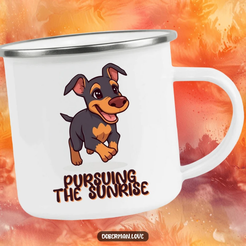 Funny Doberman Camping Mug: Determined and friendly Doberman giving chase, durable and humorous mug for outdoor adventures.