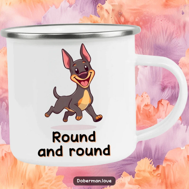 Funny Kawaii Doberman camping mug showing a joyful dog with a big grin, comically chasing its own tail, perfect for outdoor fun.