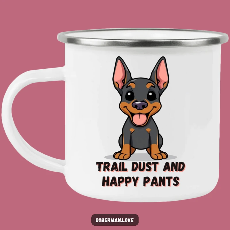 Rugged Funny Doberman Camping Mug: Happy Panting Dog, Perfect Outdoor Gift
