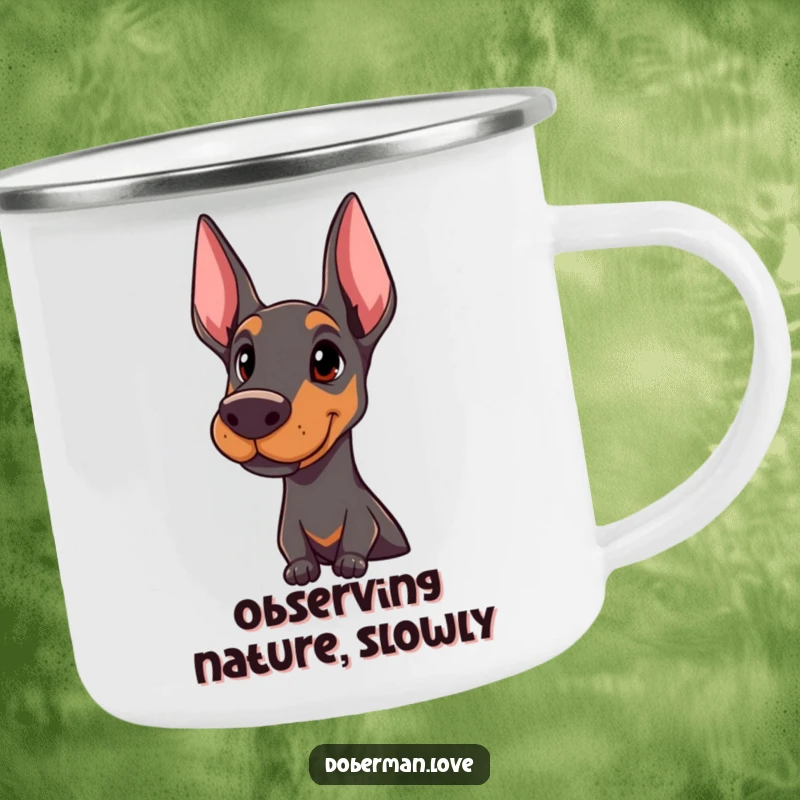 Funny Doberman camping mug featuring a proud dog with an attentive head tilt, designed for durability and outdoor fun.