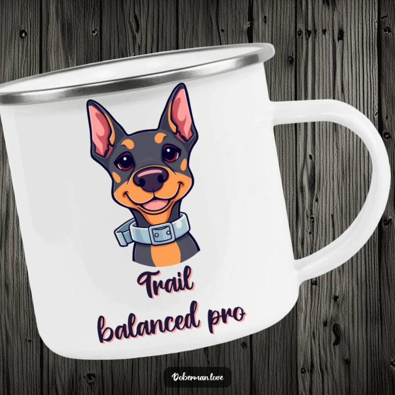Funny Kawaii Doberman Camping Mug featuring a cute doberman balancing a shiny collar. Durable enamel mug for outdoor enthusiasts and Doberman fans.