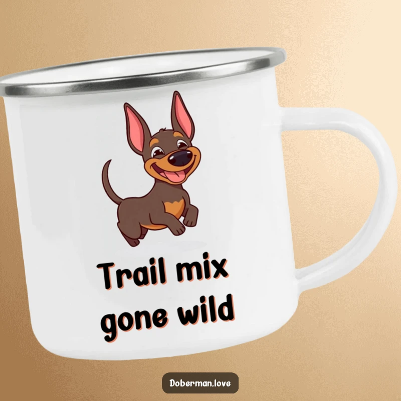 Funny Doberman camping mug featuring a happy dog with a goofy smile, chasing its wagging tail around a campfire.