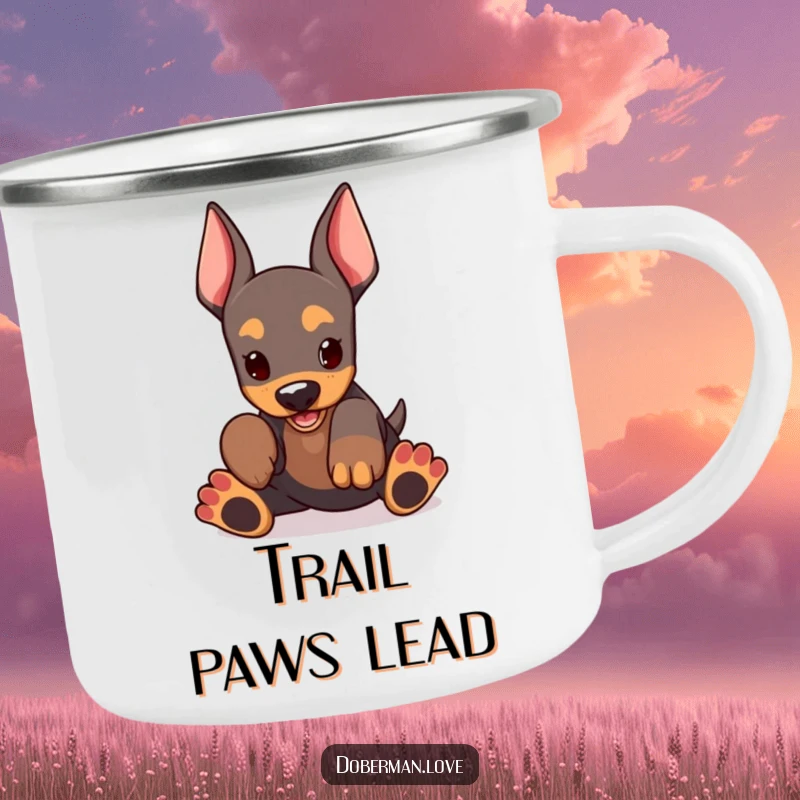 Funny Doberman Camping Mug featuring a kawaii doberman pup with giant paws, playing enthusiastically, ready for outdoor fun.