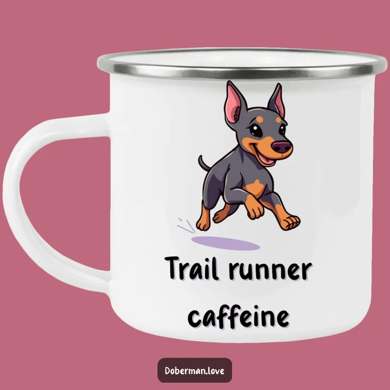 Funny Little Doberman Camping Mug, Running Fast, Sleek Coat - Adventure Speed
