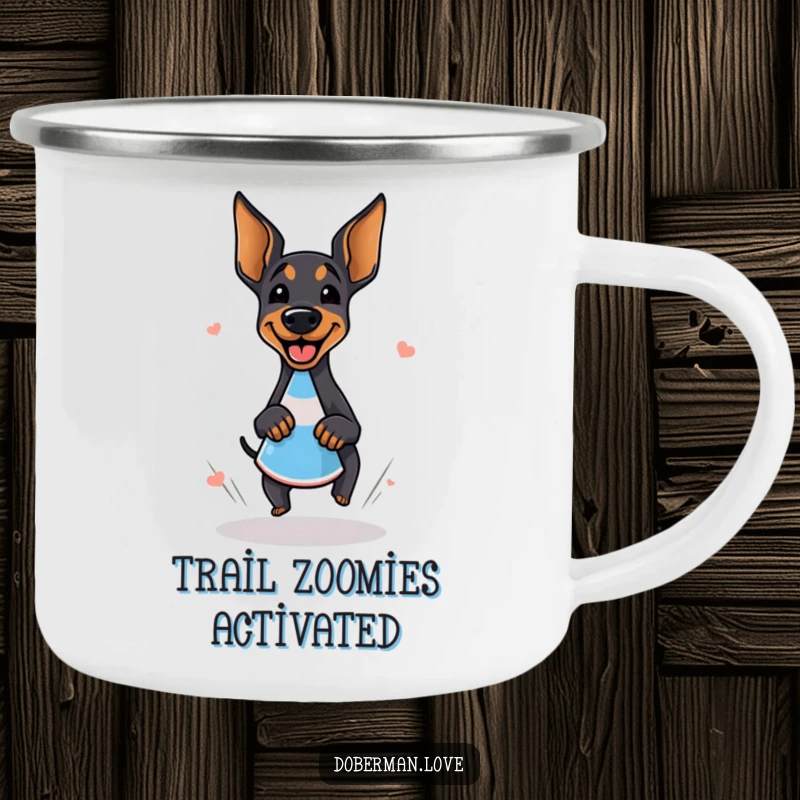 Funny doberman camping mug depicting a giggling dog doing a happy zoomie around a cone, ready for any outdoor escapade.