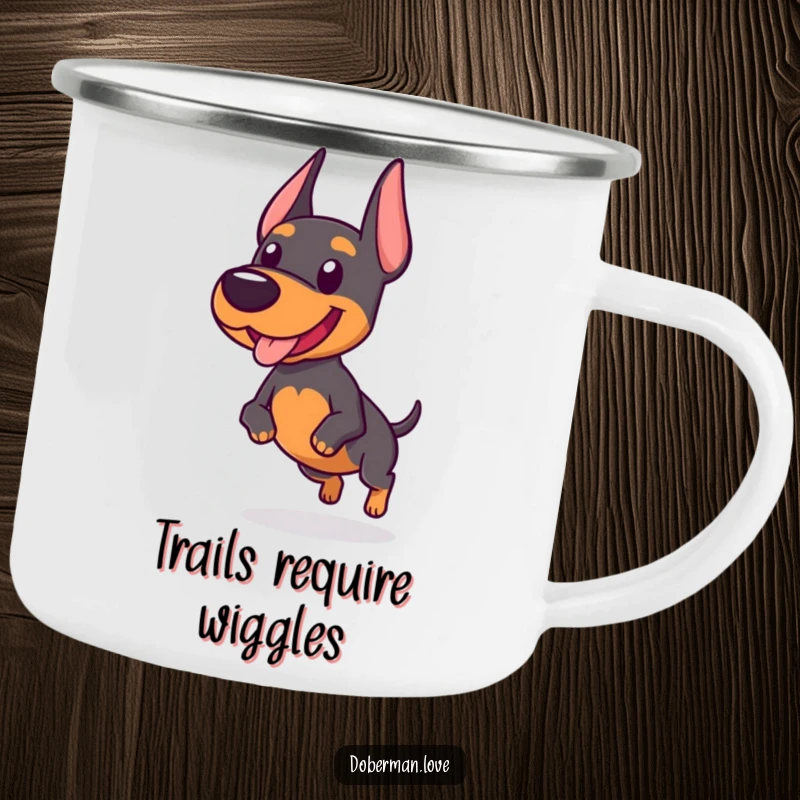 Funny camping mug showcasing a chubby Doberman dog with a lively, wobbly trot, ready for any outdoor escapade.