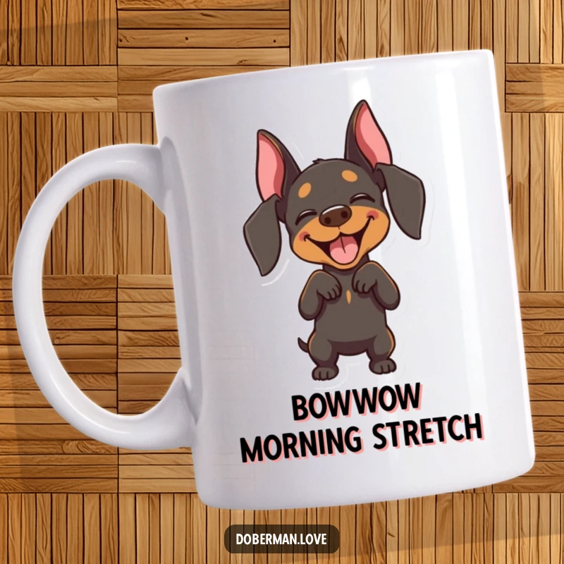 Funny Doberman mug showing a joyful dog with closed eyes, performing a perfect, playful bow with sheer delight and happiness.