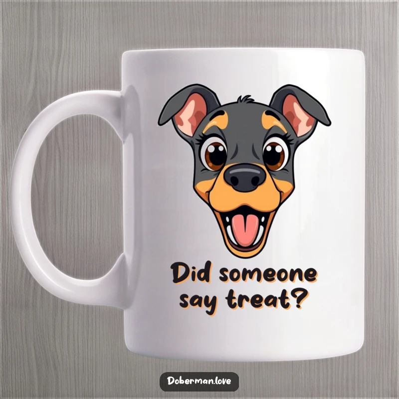Funny doberman mug showing a dog with wide eyes and an open mouth in a state of hilarious surprise.