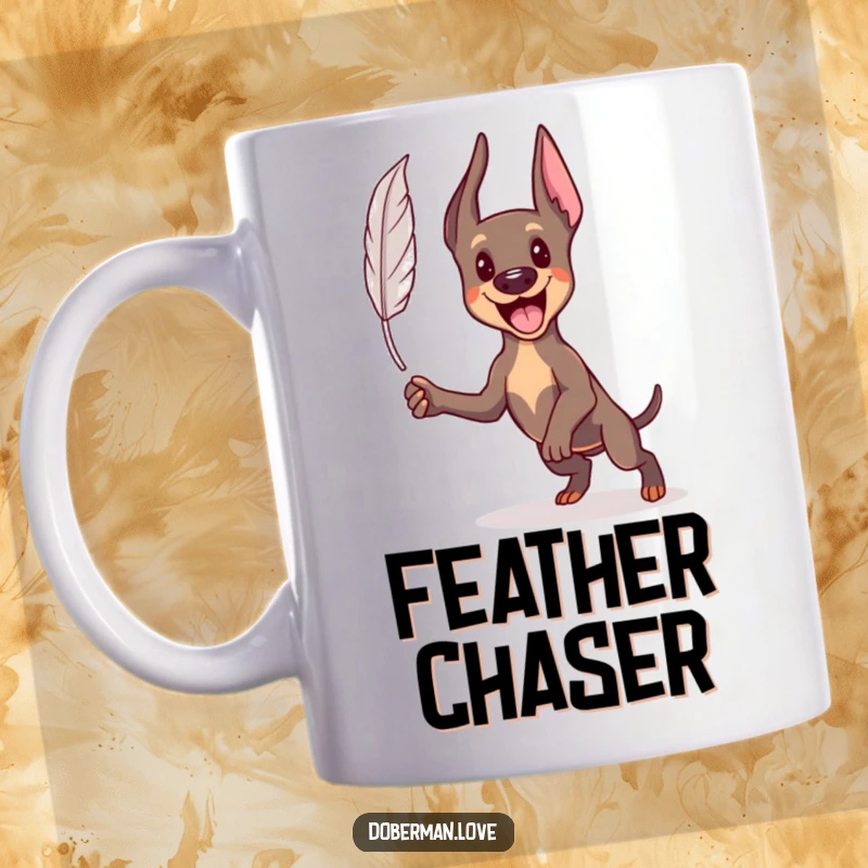 Funny Kawaii Doberman mug showing a happy dog enthusiastically jumping mid-air towards a small, floating feather, full of excitement.