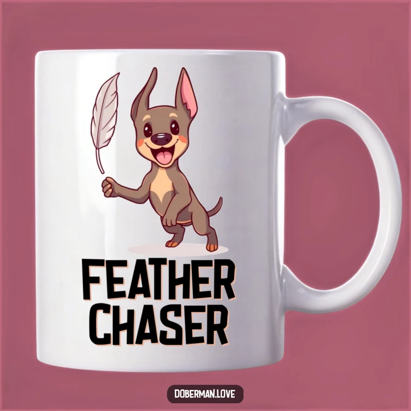 Funny Kawaii Doberman Mug: Feather Chase Fun, Energetic Pup, Perfect Playful Gift