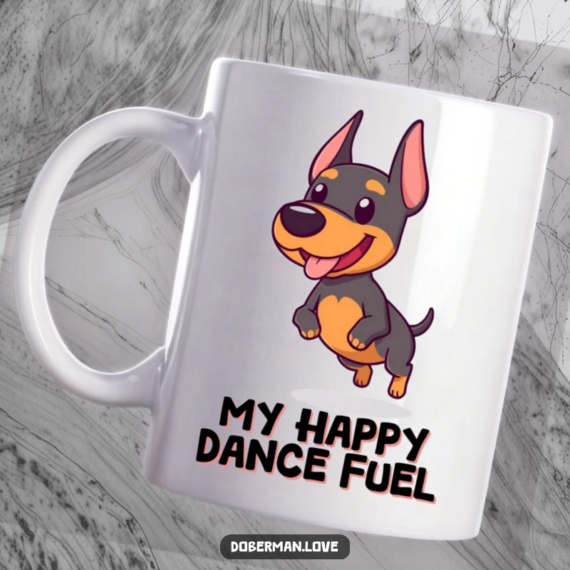 Funny mug showcasing a chubby Doberman dog with a wobbly, excited trot, full of goofy energy and pure happiness.