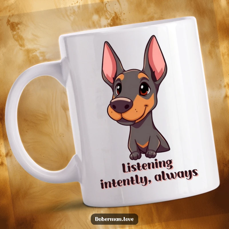 Funny Doberman mug depicting a proud dog with an attentive, inquisitive head tilt, showcasing canine intelligence and charm.