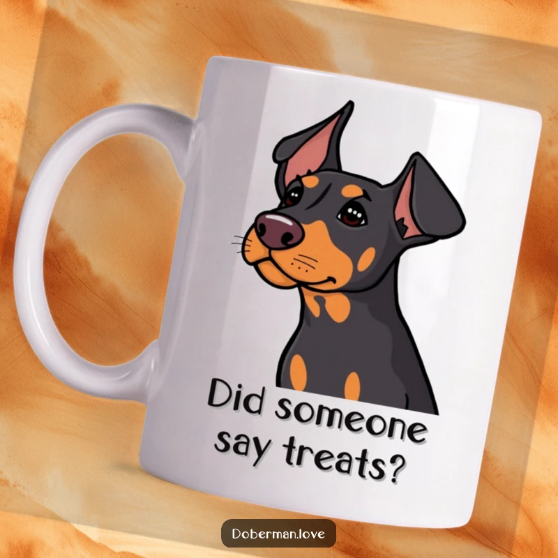 Funny Doberman with large ears perked forward, head tilted slightly, listening intently to an unheard sound.